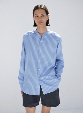 AURALEE STRIPE STAND COLLAR SHIRT 26SS长绒棉丝竖条纹立领衬衫