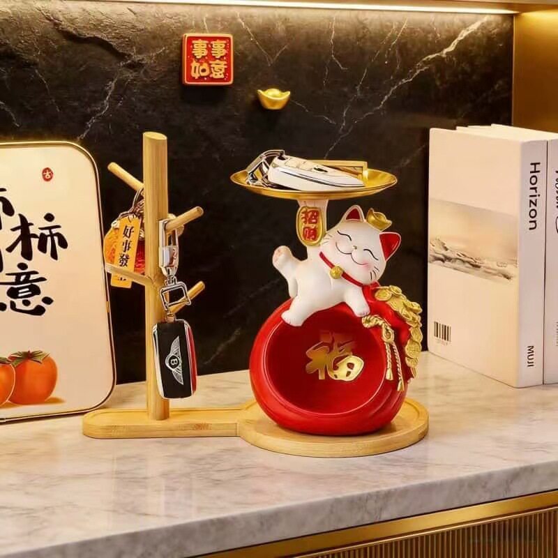 招财猫托盘摆件客厅玄关钥匙收纳家居装饰品乔迁礼物树脂工艺品