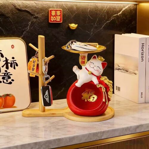 招财猫托盘摆件客厅玄关钥匙收纳家居装饰品乔迁礼物树脂工艺品