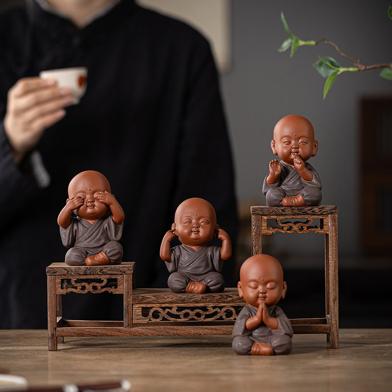 紫砂四不小和尚茶宠摆件家居茶室茶桌博古架禅意小沙弥可爱装饰品