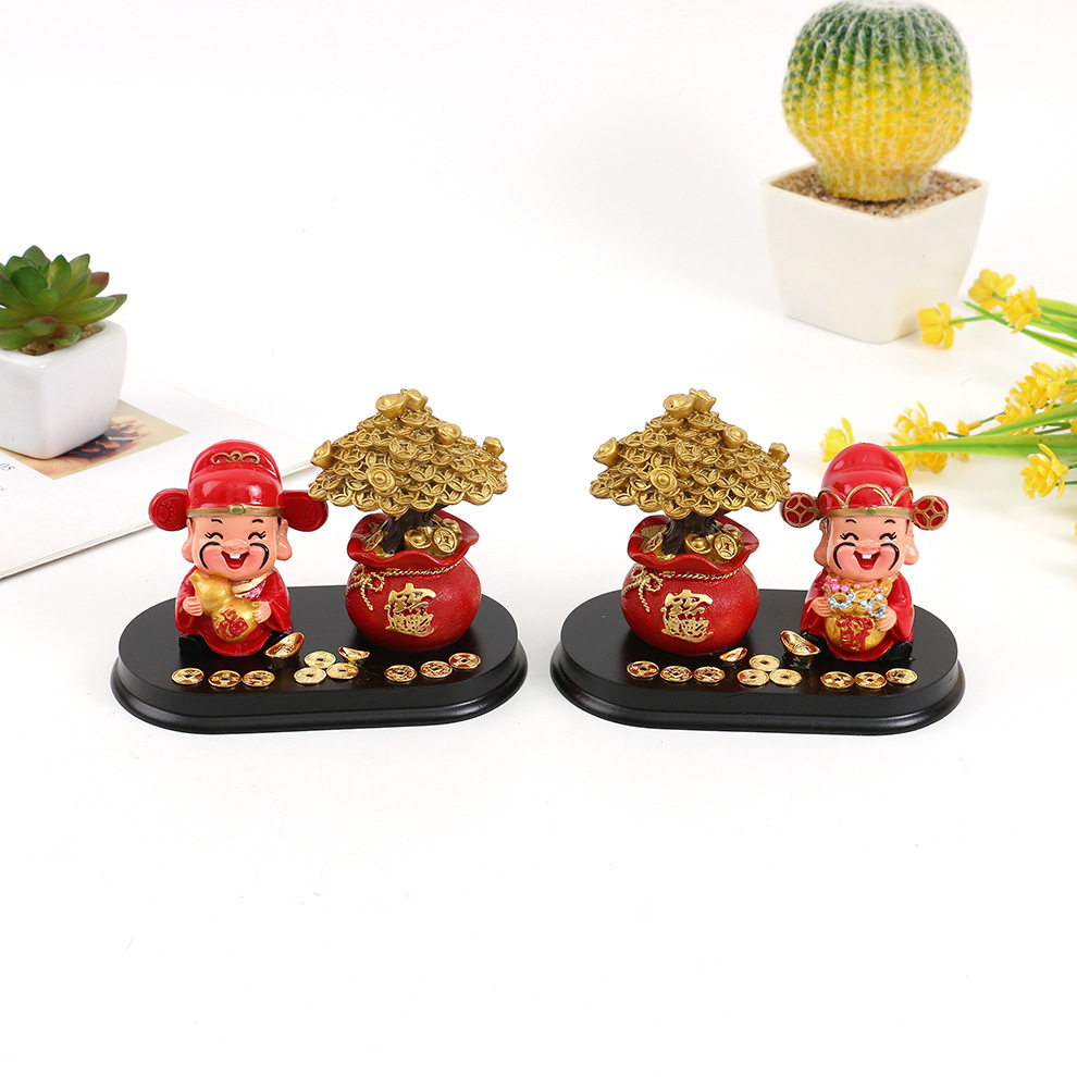 中式财神爷桌面装饰小摆件创意家居q版财神铜钱发财树汽车摆件