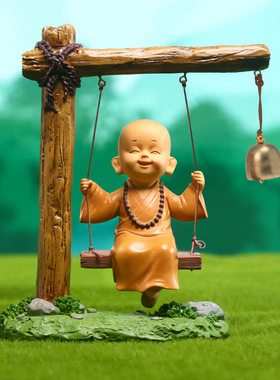 禅意沙弥小和尚汽车摆件治愈系办公室可爱摆件中式家居客厅装饰品