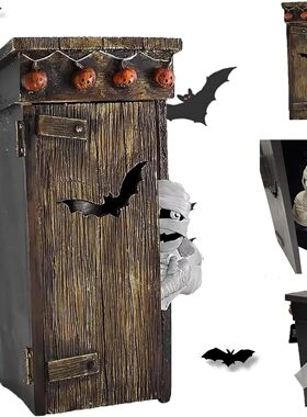 万圣节厕所木乃伊树脂摆件侏儒矮人看报厕所没关门树脂工艺品摆件