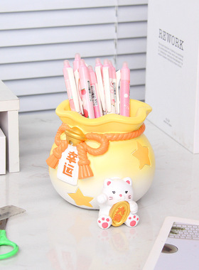 创意可爱招财猫笔筒摆件儿童学习桌面文具收纳装饰品女生生日礼物