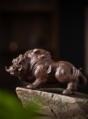 紫砂茶宠霸气猪刚鬣手工可养财大气粗野猪茶盘办公家居摆件工艺品