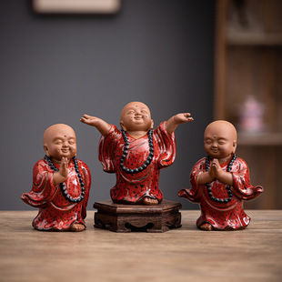 客廳玄關(guān)桌面博古架裝 禪意小和尚沙彌陶瓷佛系人物擺件中式 飾擺設(shè)