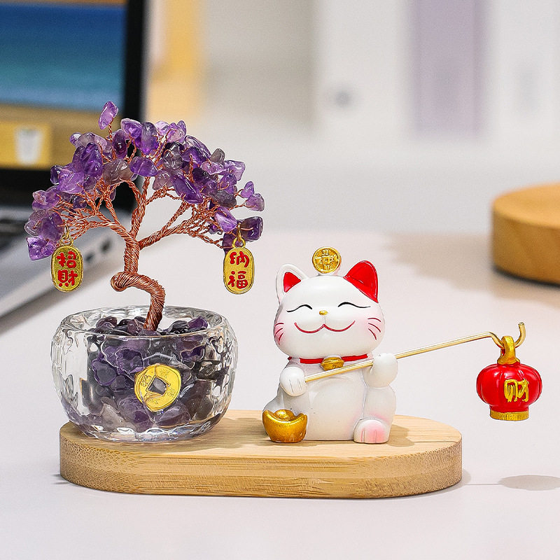 国潮招财猫黄水晶发财树紫水晶树桌面摆件装饰工位摇钱树高档礼品