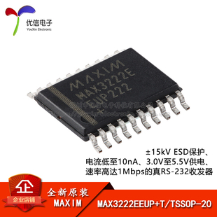 原装MAX3222EEUP+T TSSOP-20 速率高达1Mbps的真RS-232收发器芯片