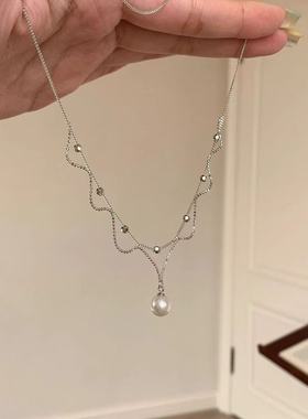 银色清冷珍珠蕾丝项链女