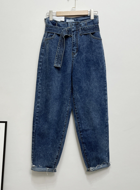 A.US高腰牛仔裤女秋季高腰哈伦裤秋季遮胯显瘦九分裤百搭老爹裤