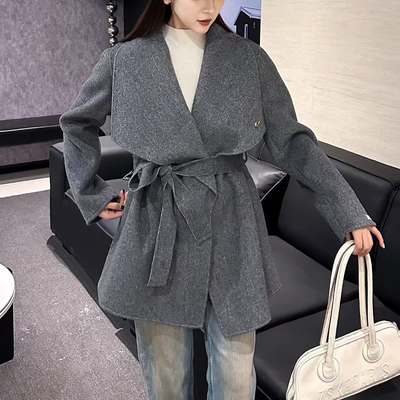 2025新款冬装大翻领双面羊毛呢大衣外套女百搭小个子绑带呢子上衣
