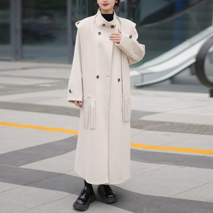 设计感围巾领双面羊毛呢大衣女2025年新款冬装韩版宽松中长款外套