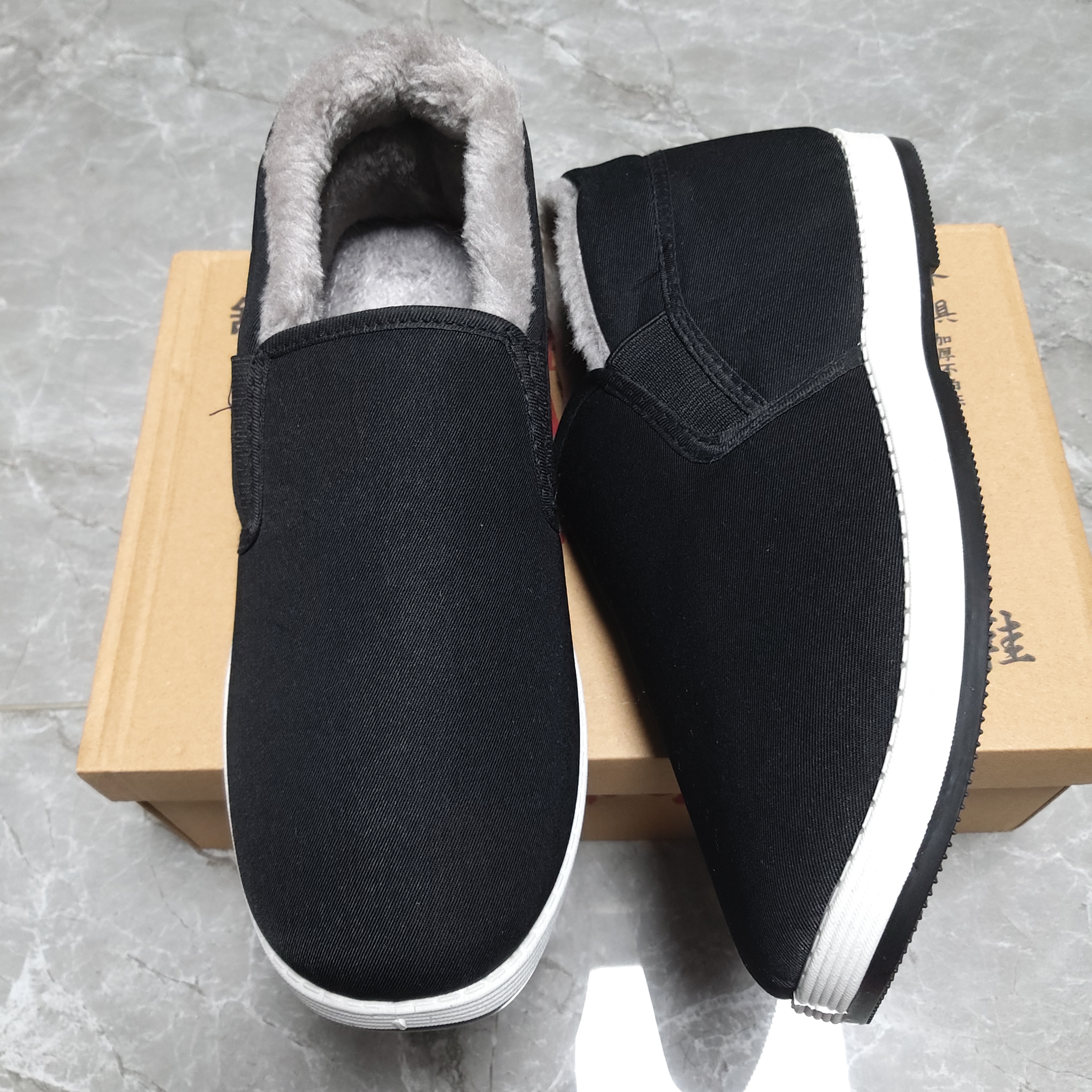 冬季加绒保暖耐磨一脚蹬棉鞋松紧口老年棉鞋加厚防寒爸爸棉布鞋