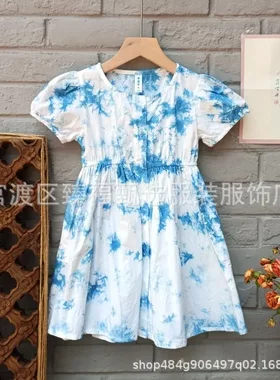 大理古镇旅游扎染蓝染蓝白染植物染女童连衣裙圆领大口袋短袖裙子