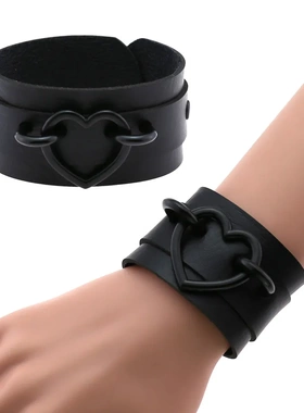 欧美原宿双层PU皮手镯手链手饰个性夸张街舞街拍爱心桃心腕带手环