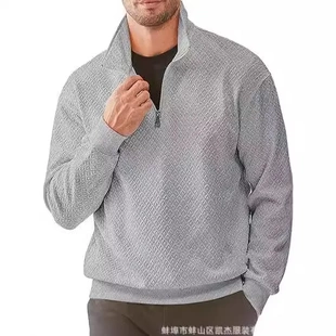 欧美男装 男式 拉链华夫格卫衣休闲长袖 纯色几何纹理套头Polo运动衫