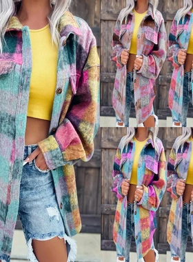 22年欧美外贸潮流风秋冬款 呢子印花休闲时尚翻领长袖外套22258