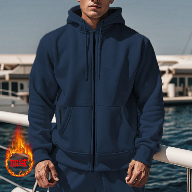 跨境电商秋冬季节男式纯色连帽运动衫抓绒保暖舒适男士长袖卫衣衫