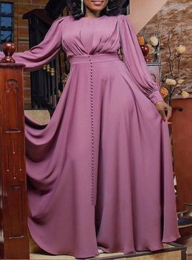 27外贸女装跨境连衣裙小毛球紫色礼服长裙高腰大码女装连衣裙3418