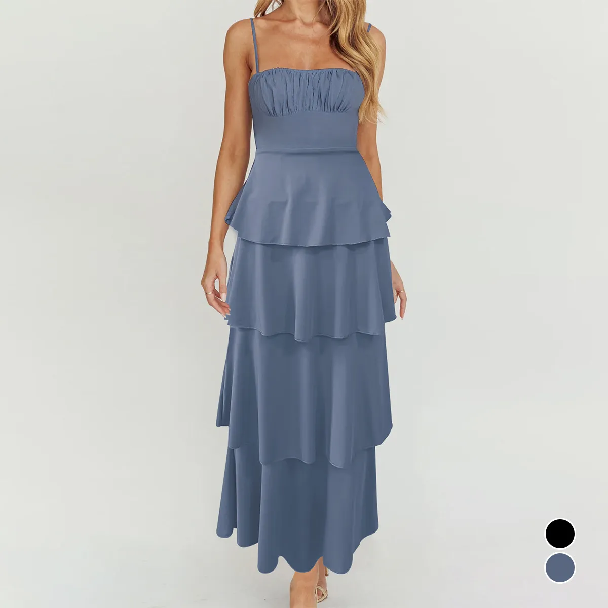 2024欧美性感露背吊带蛋糕裙 亚马逊爆款褶皱系带时尚修身连衣裙