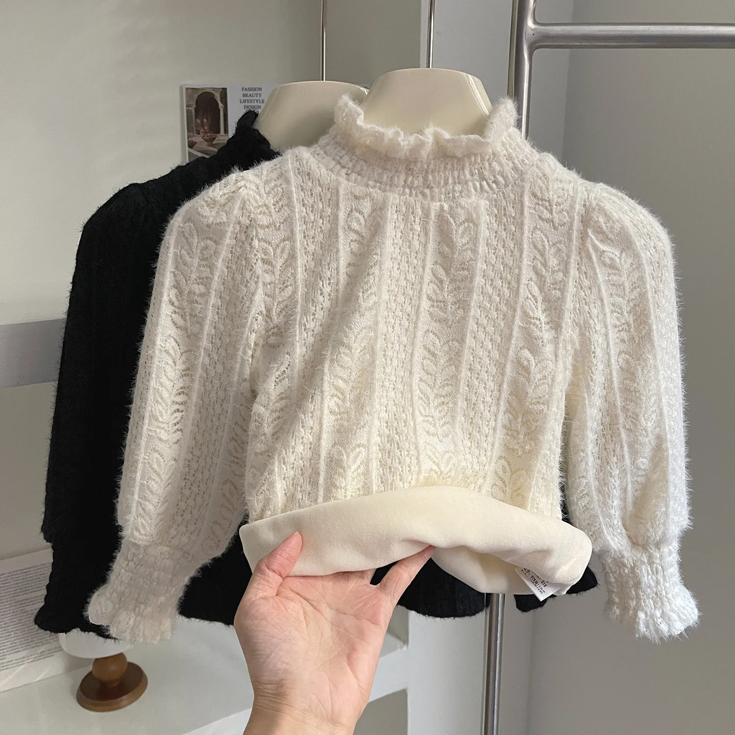 韩版时尚2024冬款女宝加绒打底衫 女童半高领T恤洋气蕾丝加厚上衣