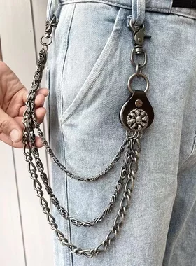 朋克嘻哈机车街头男士裤链 潮流牛皮拼接腰链 金属美式复古链条