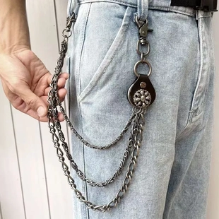 朋克嘻哈机车街头男士裤链 潮流牛皮拼接腰链 金属美式复古链条