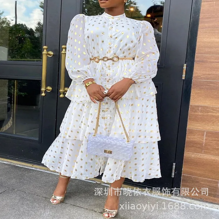 2021爆款跨境欧美荷叶边长款雪纺白色印花宽松腰气质通勤连衣裙