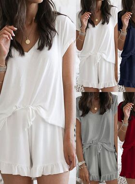 现货 2020夏季女装女士新款家居服两件套亚马逊V领纯色休闲套装