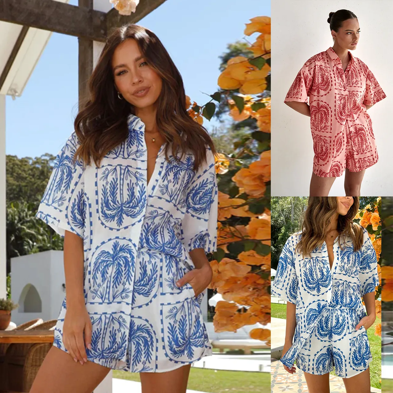 2024年夏季短袖开衫韩版宽松ins风跨境东南亚短袖衬衫短裤套装