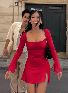 亚马逊跨境欧美小香风方领红色连衣裙秋冬高腰百搭A字开叉短裙女