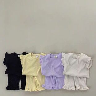 韩版ins童装多巴胺夏中小童女童木耳边柔软可爱洋气纯色百搭套装