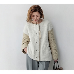 2面穿日系羊羔绒双面穿棉服女宽松拼接显瘦圆领拉链显瘦女生外套
