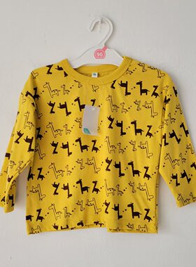 80-95CM外贸儿童长袖T恤男女同款圆领卡通动物图案黄色打底衫T恤