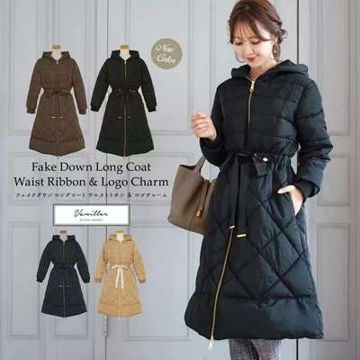 2万日元冬季厚款保暖连帽中长款棉服女收腰显瘦高级房纯色棉衣女