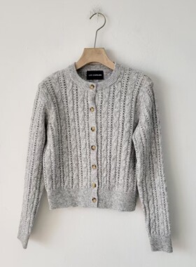 9款日单通勤宽松麻花纹针织开衫女长袖圆领单排扣毛衣外套浅灰色