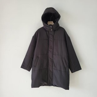 2色日单秋冬季连帽中长款纯色棉服女保暖通勤外套长袖拉链棉衣女