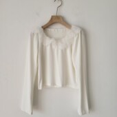 日单法式 温柔风蕾丝花边圆领针织衫 女长袖 5款 宽松白色打底衫 上衣