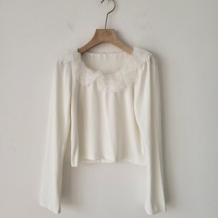 宽松白色打底衫 5款 女长袖 温柔风蕾丝花边圆领针织衫 上衣 日单法式