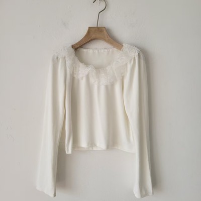 5款日单法式温柔风蕾丝花边圆领针织衫女长袖宽松白色打底衫上衣
