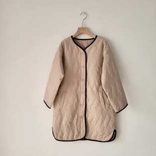 日单秋冬季菱格绗棉夹棉中长款棉服女V领单排扣宽松轻薄显瘦外套