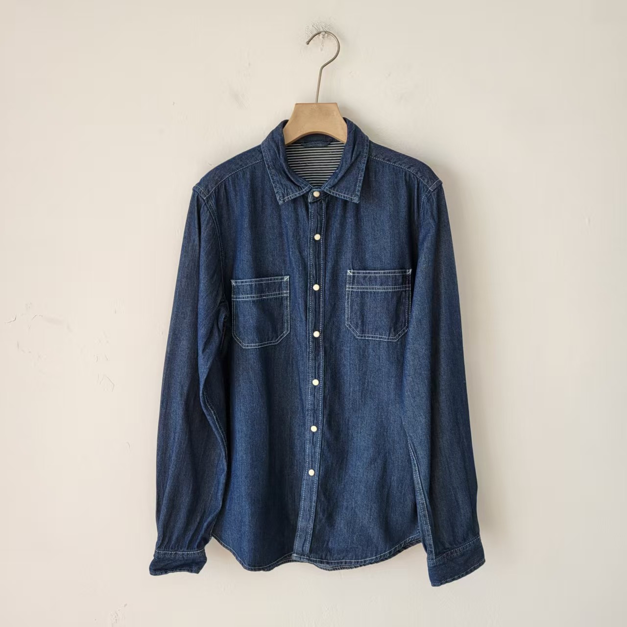 5款日单复古宽松牛仔衬衫女长袖深蓝色单排扣叠穿内搭港风上衣