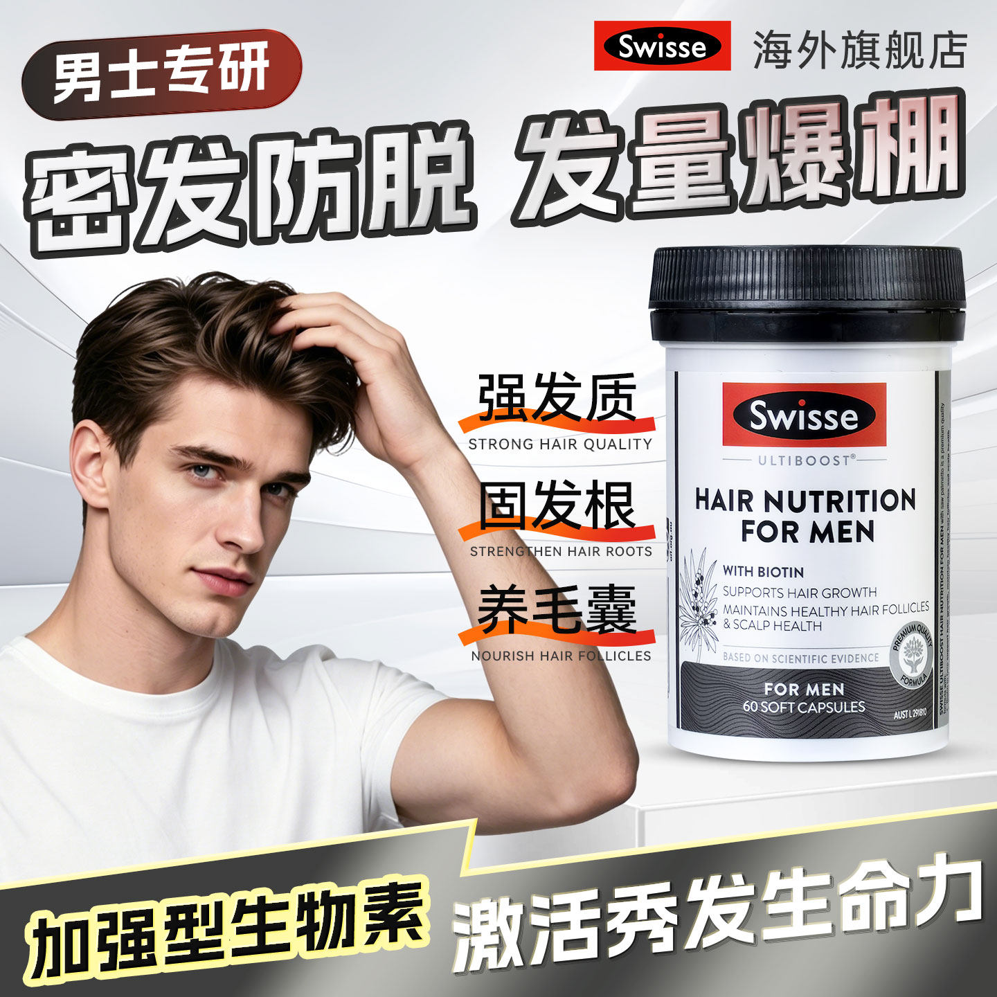 Swisse斯维诗男士头发营养胶囊b7维生素脱发控油防掉发男60粒