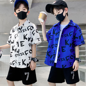 打底衫 男童短袖 童装 儿童中大童衬衣薄款 衬衫 时髦帅气印花上衣夏季