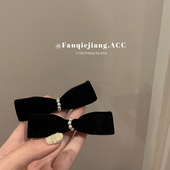 一只番茄酱法式 优雅丝绒珍珠蝴蝶结刘海发夹2022新款 高端侧边秋冬