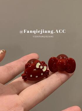 一只番茄酱安克拉红kt小猫蝴蝶结耳环耳钉女