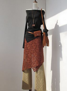 原创焦糖色蕾丝不规则一片式系带屁帘裙帘中长款叠穿多种穿法