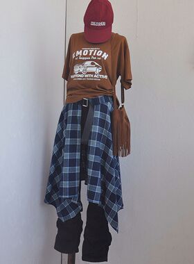 原创格子格纹不规则屁帘中长款半身裙一片式鱼尾裙罩裙裙帘腰封裙