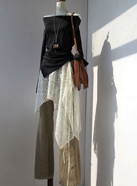 原创绿色黑色蕾丝不规则一片式系带屁帘裙帘中长款叠穿多种穿法