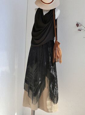 原创一片式系带流苏屁帘不规则中长款裙帘腰封裙丝绒烂花多穿叠穿